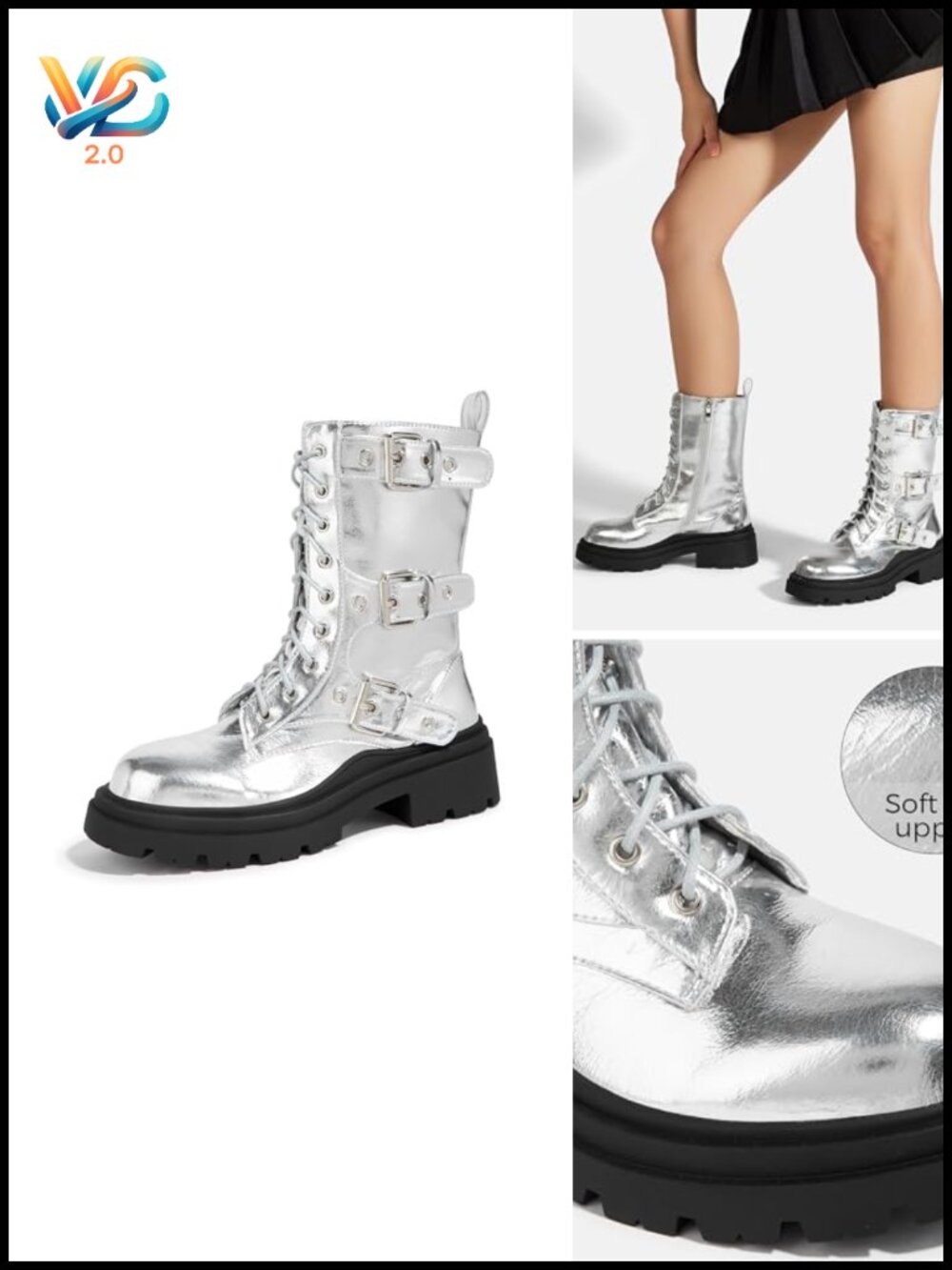 Chunky Platform Combat Boots with Side Zipper and Buckles